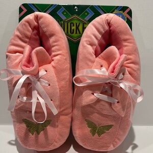 Wicker GLINDA UPLAND Pink Ballet Shoes with Gold Butterfly and Laceup front.